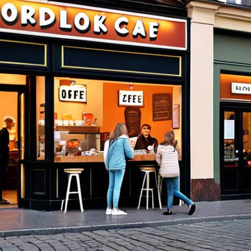 Home 15 **
A cozy cafe scene in a bustling Polish student district during the late afternoon. Students are lined up ordering coffee and snacks "to go". Display a promotion sign: "Popołudniowe Zestawy" (Afternoon Sets). Focus on warm lighting and a friendly atmosphere.
**