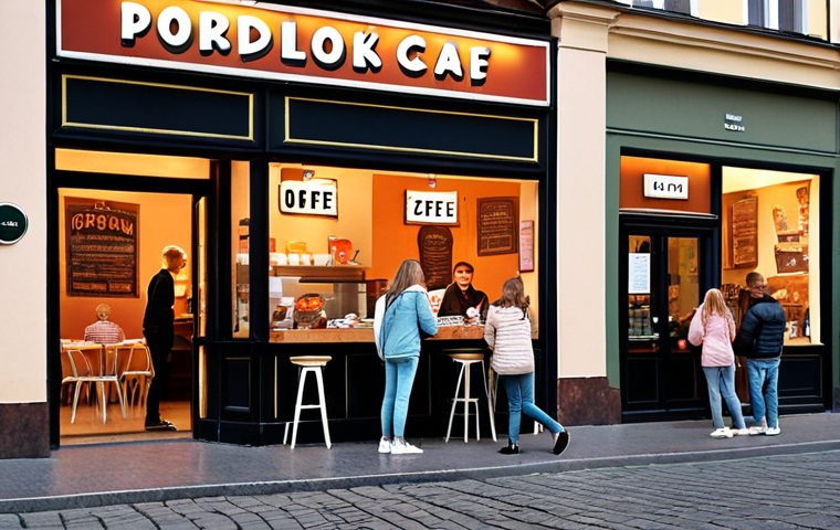 **
A cozy cafe scene in a bustling Polish student district during the late afternoon. Students are lined up ordering coffee and snacks "to go". Display a promotion sign: "Popołudniowe Zestawy" (Afternoon Sets). Focus on warm lighting and a friendly atmosphere.
**