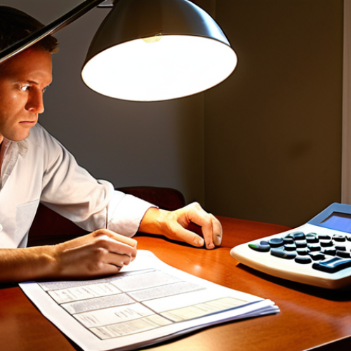 Home 14 **Image of a person meticulously reviewing a franchise agreement under a bright lamp, with financial documents and a calculator scattered on the table. Focus on the details and the weight of the decision.**