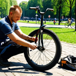 **Mobile Bike Repair:** "Bike mechanic fixing a flat tire on a bicycle in a park, sunny day, Warsaw cityscape in the background, happy customer."