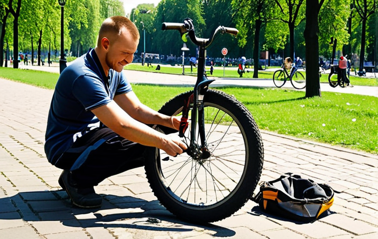 **Mobile Bike Repair:** "Bike mechanic fixing a flat tire on a bicycle in a park, sunny day, Warsaw cityscape in the background, happy customer."